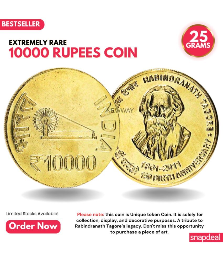     			Most Demanded 10000 Rupees, Rabindranath Tagore Rare Gold-plated Heavy 25 Grams Coin