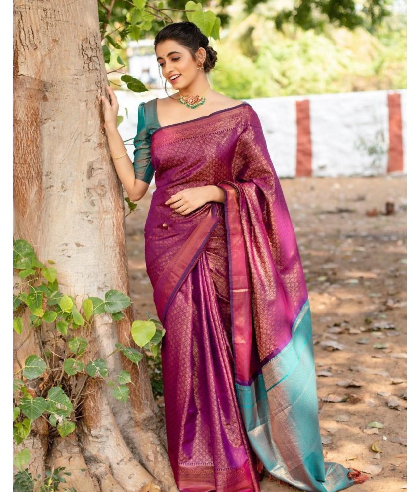     			roop lavanya Kanjivaram Silk Woven Saree With Blouse Piece ( Purple,Grey , Pack of 1 )