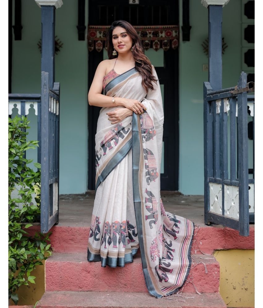     			AlmaariFashion Linen Printed Saree With Blouse Piece ( Multicolor , Pack of 1 )