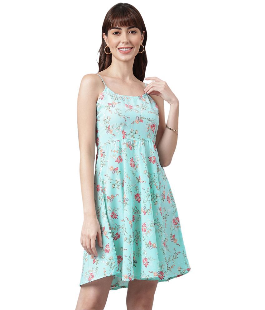     			Flamboyant Polyester Printed Mini Women's Fit & Flare Dress - Light Blue ( Pack of 1 )