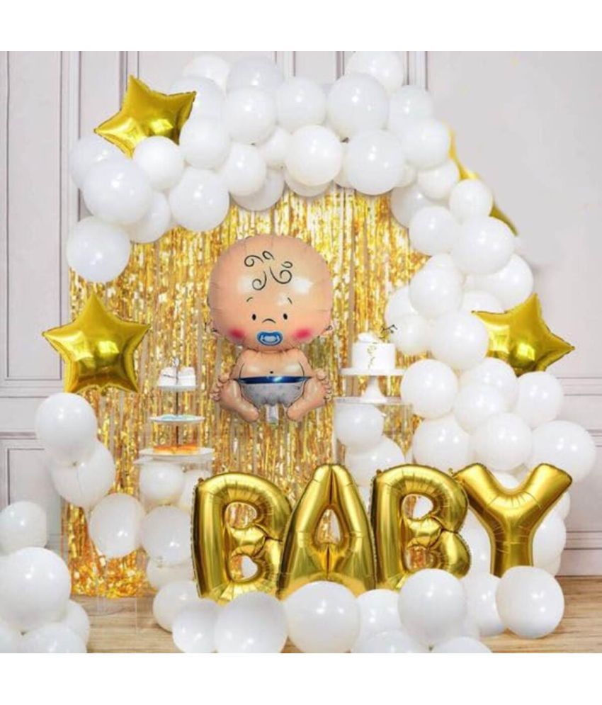     			Partybooms Boy Decoration Item, 40 White, 4 Gold Star Foil, 2 Gold Curtain Balloons Pack of 47