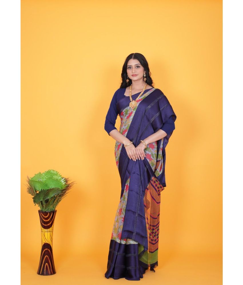     			Sanwariya Silk Satin Printed Saree With Blouse Piece ( Blue , Pack of 1 )