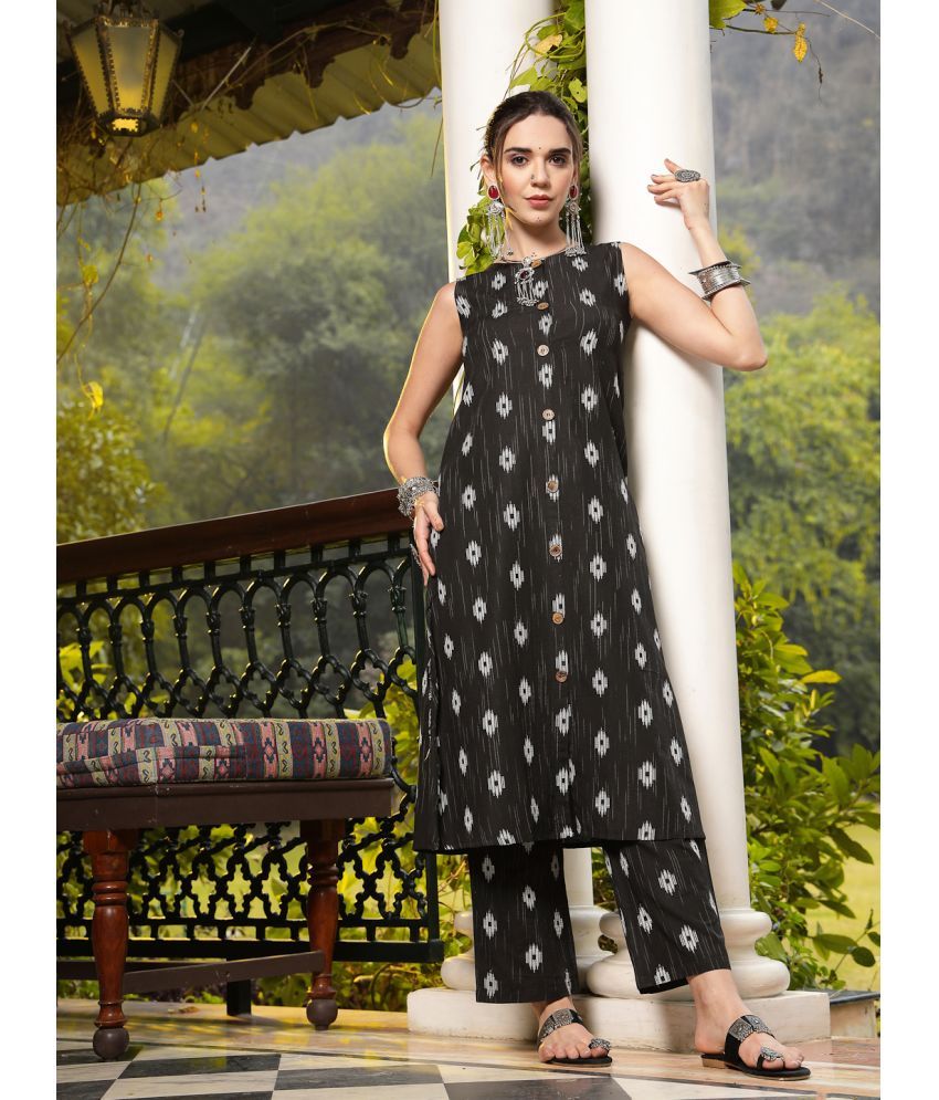     			Stylum Cotton Blend Printed Kurti With Pants Women's Stitched Salwar Suit - Black ( Pack of 1 )