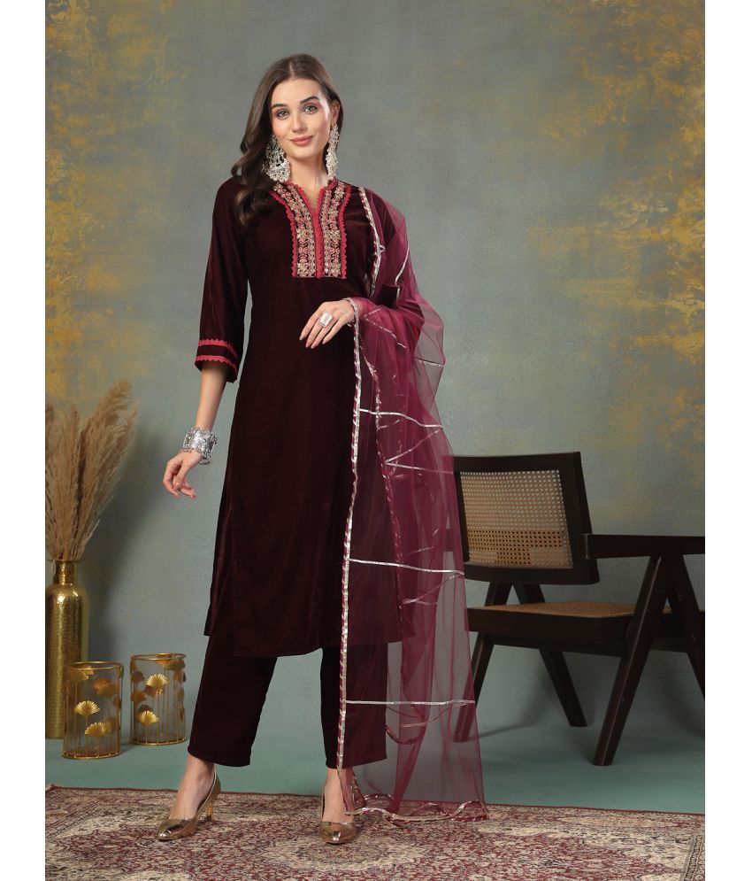     			Stylum Velvet Embroidered Kurti With Pants Women's Stitched Salwar Suit - Wine ( Pack of 1 )