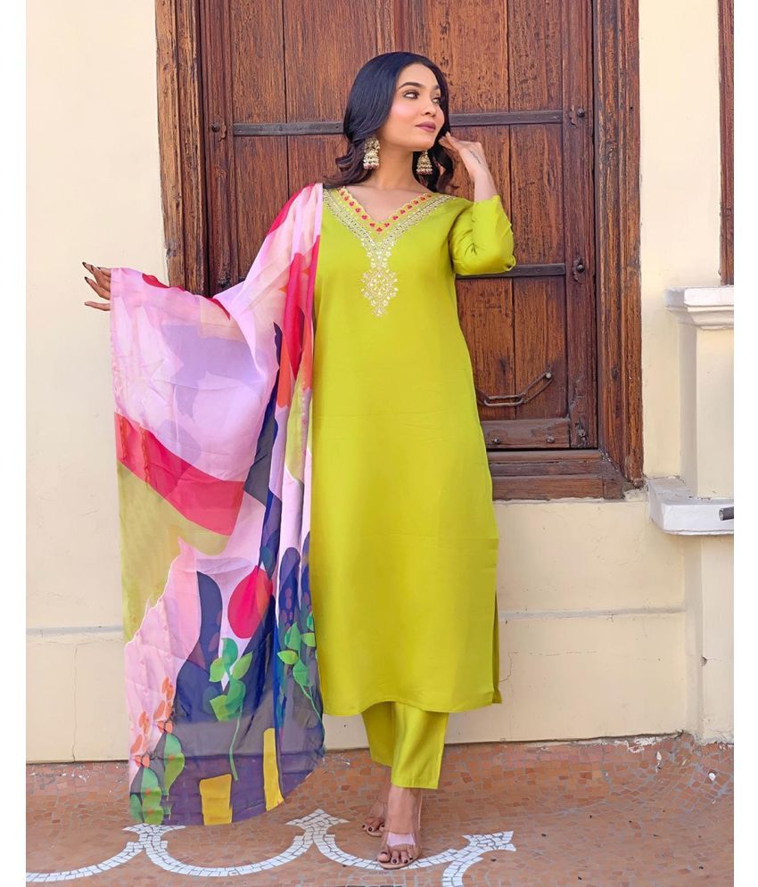     			kedar fab Cotton Silk Embellished Kurti With Pants Women's Stitched Salwar Suit - Lime Green ( Pack of 1 )