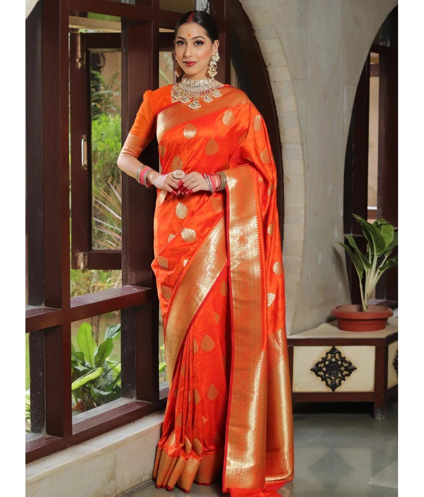     			roop lavanya Kanjivaram Silk Woven Saree With Blouse Piece ( Orange , Pack of 1 )