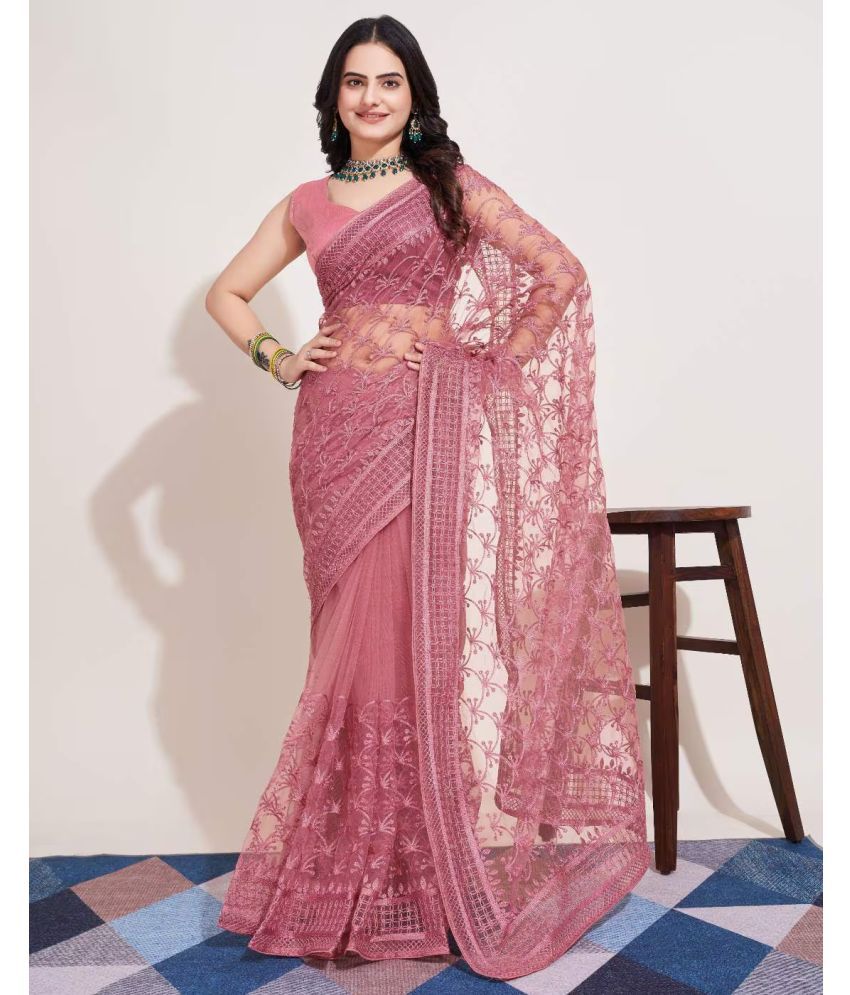     			A TO Z CART Net Embroidered Saree With Blouse Piece ( Peach , Pack of 1 )