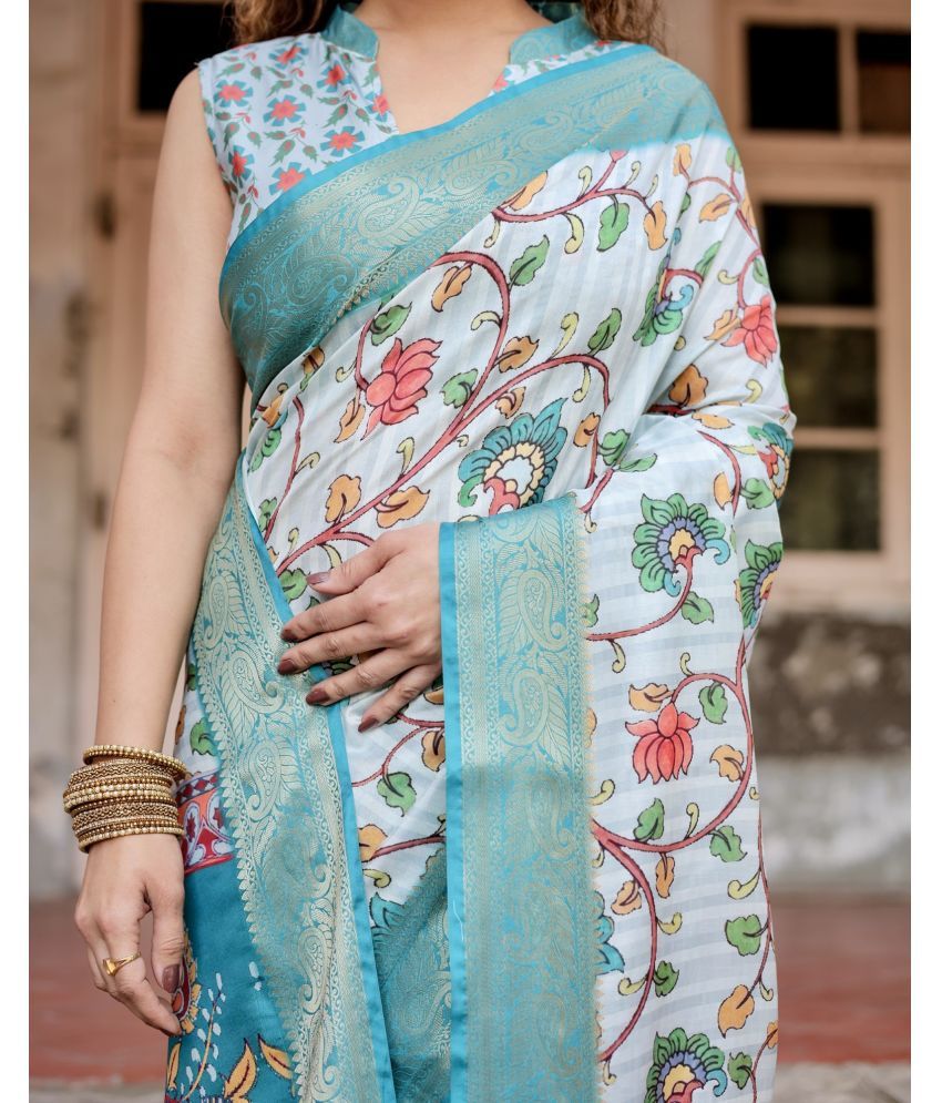     			Almaari Fashion Cotton Silk Printed Saree With Blouse Piece ( Blue , Pack of 1 )