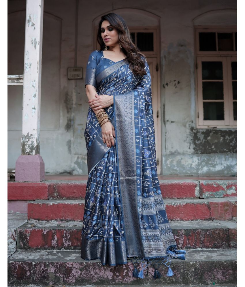     			Almaari Fashion Cotton Silk Printed Saree With Blouse Piece ( Blue , Pack of 1 )