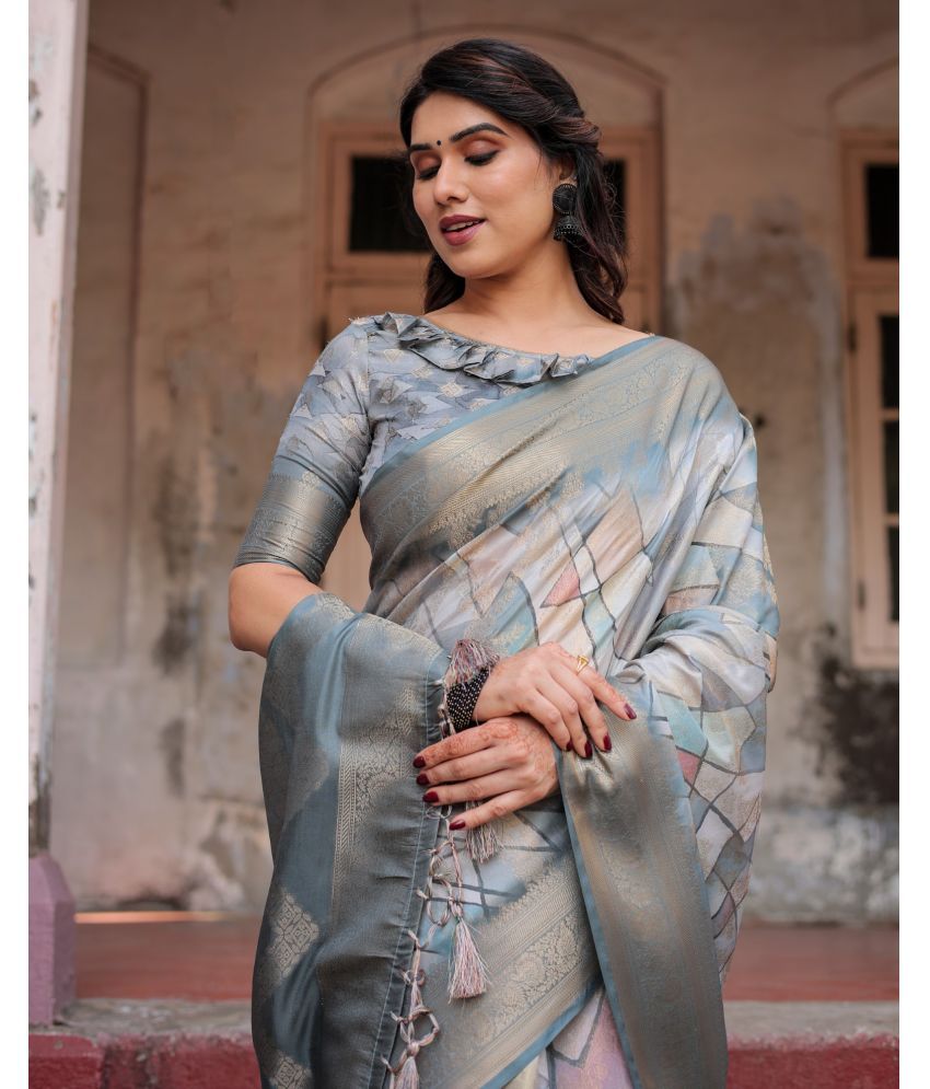     			Almaari Fashion Cotton Silk Printed Saree With Blouse Piece ( Grey , Pack of 1 )