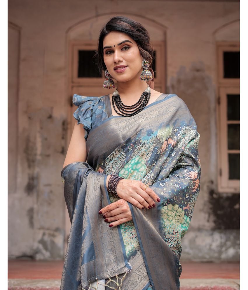     			Almaari Fashion Cotton Silk Printed Saree With Blouse Piece ( Grey , Pack of 1 )