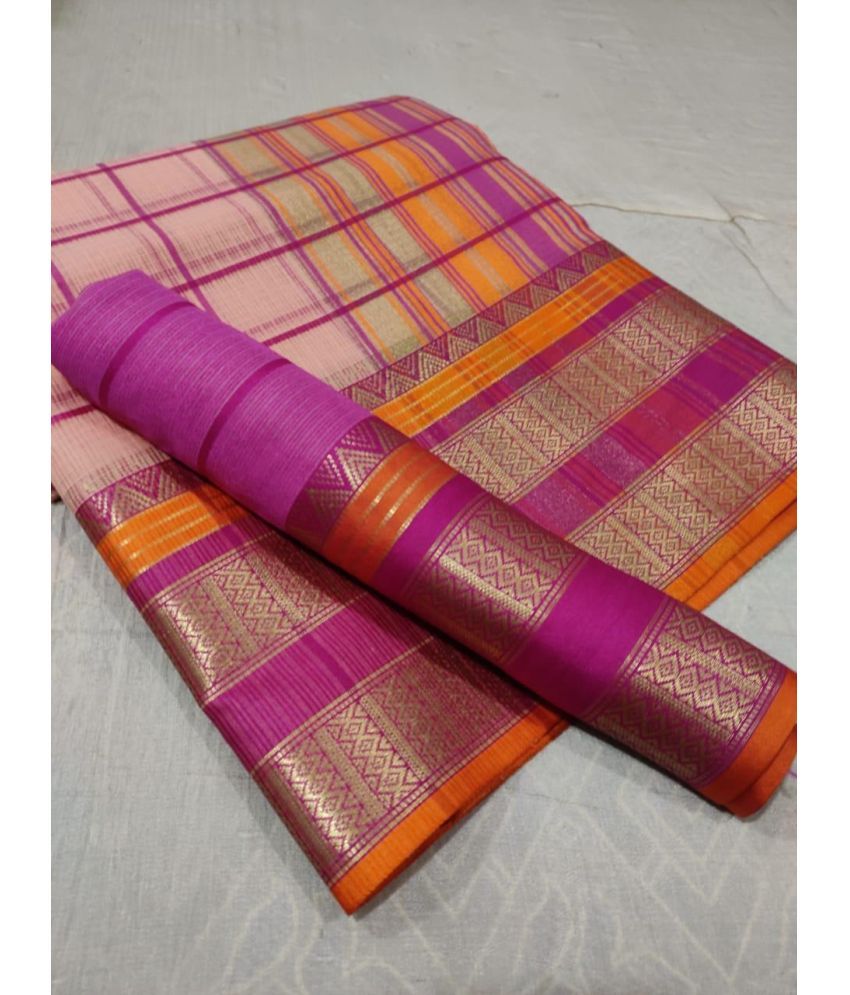     			ALSHOP Cotton Checks Saree With Blouse Piece ( Pink , Pack of 1 )