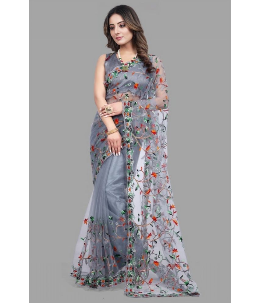     			Aika Net Embroidered Saree With Blouse Piece ( Grey , Pack of 1 )