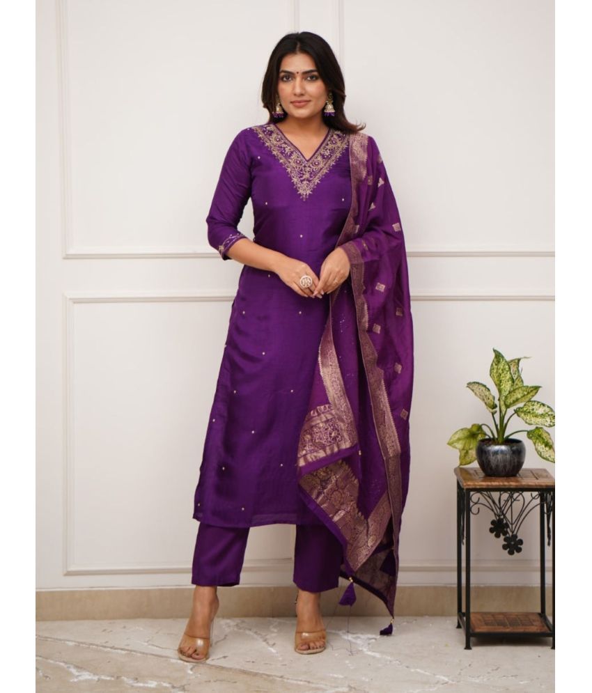     			Eeloo Banarasi Embroidered Kurti With Pants Women's Stitched Salwar Suit - Purple ( Pack of 1 )