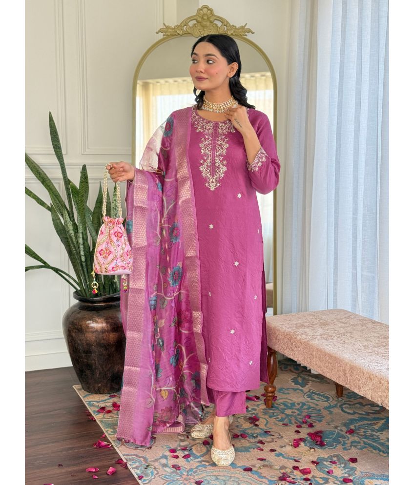     			Eeloo Viscose Embroidered Kurti With Pants Women's Stitched Salwar Suit - Pink ( Pack of 1 )