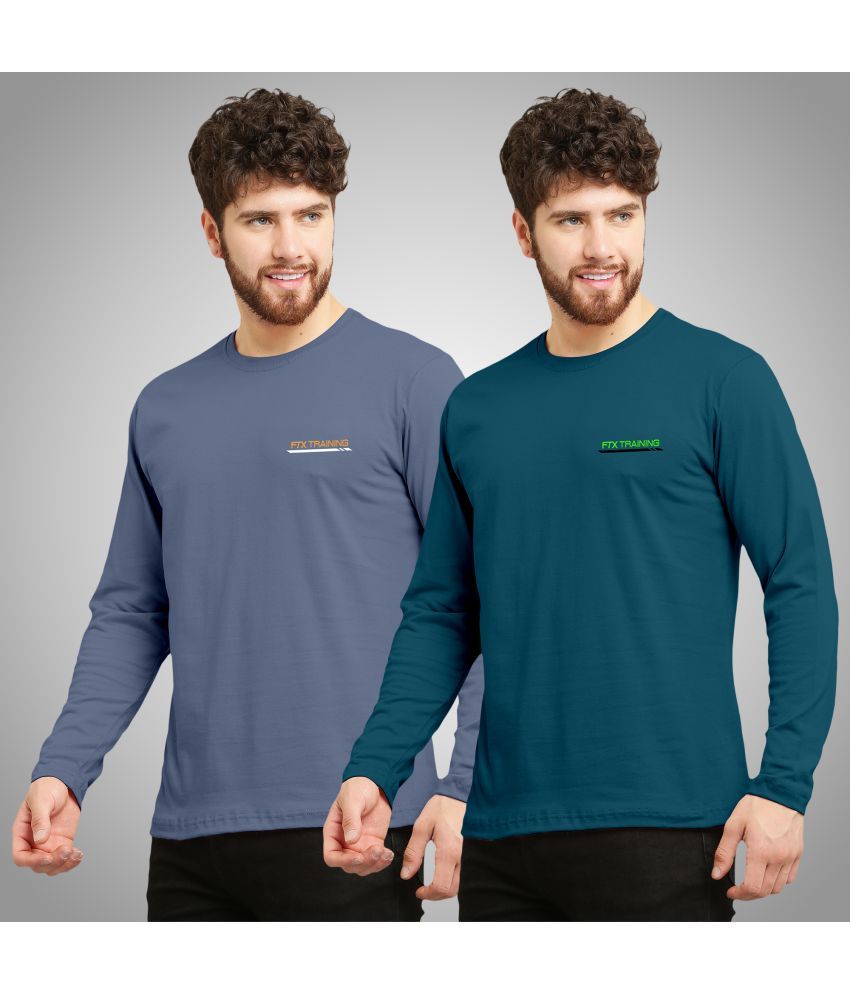     			FTX Cotton Blend Regular Fit Solid Full Sleeves Men's Round T-Shirt - Blue ( Pack of 2 )