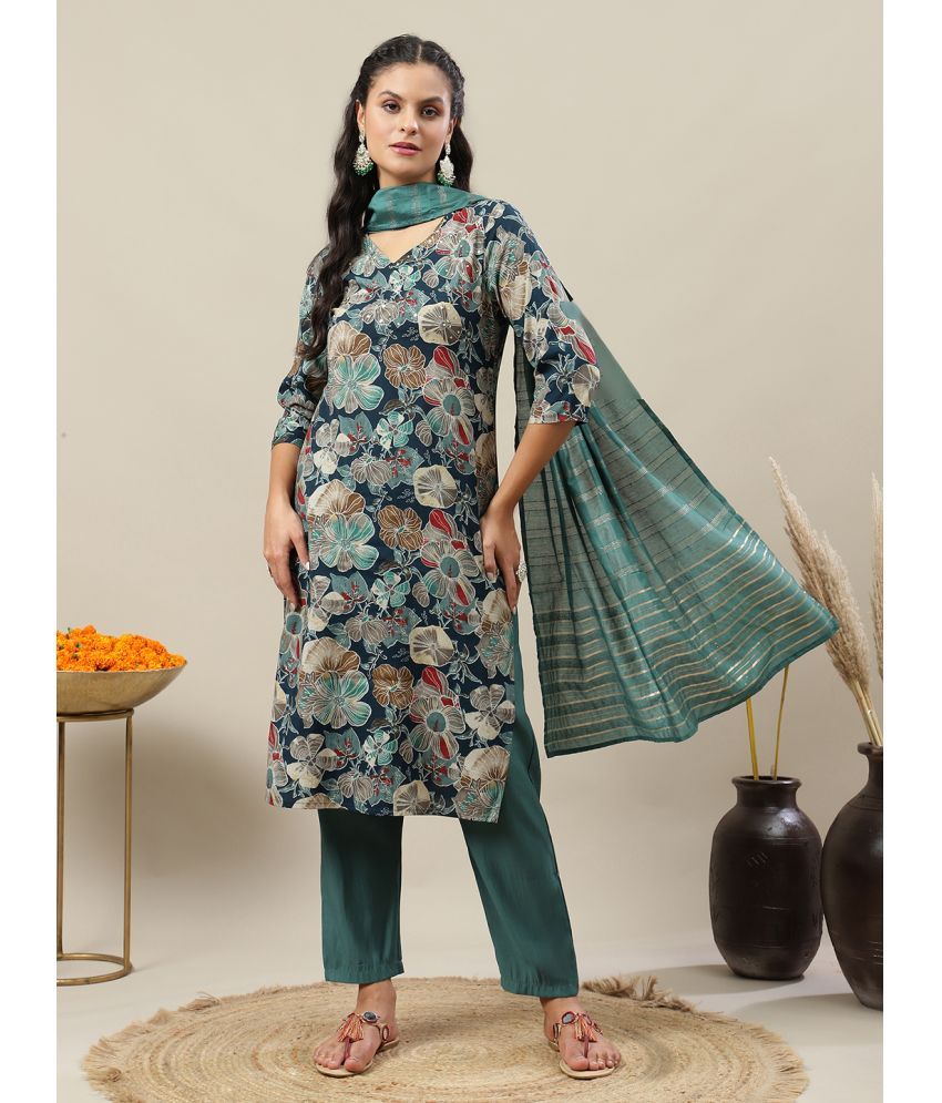     			Flamboyant Chanderi Printed Kurti With Pants Women's Stitched Salwar Suit - Green ( Pack of 3 )