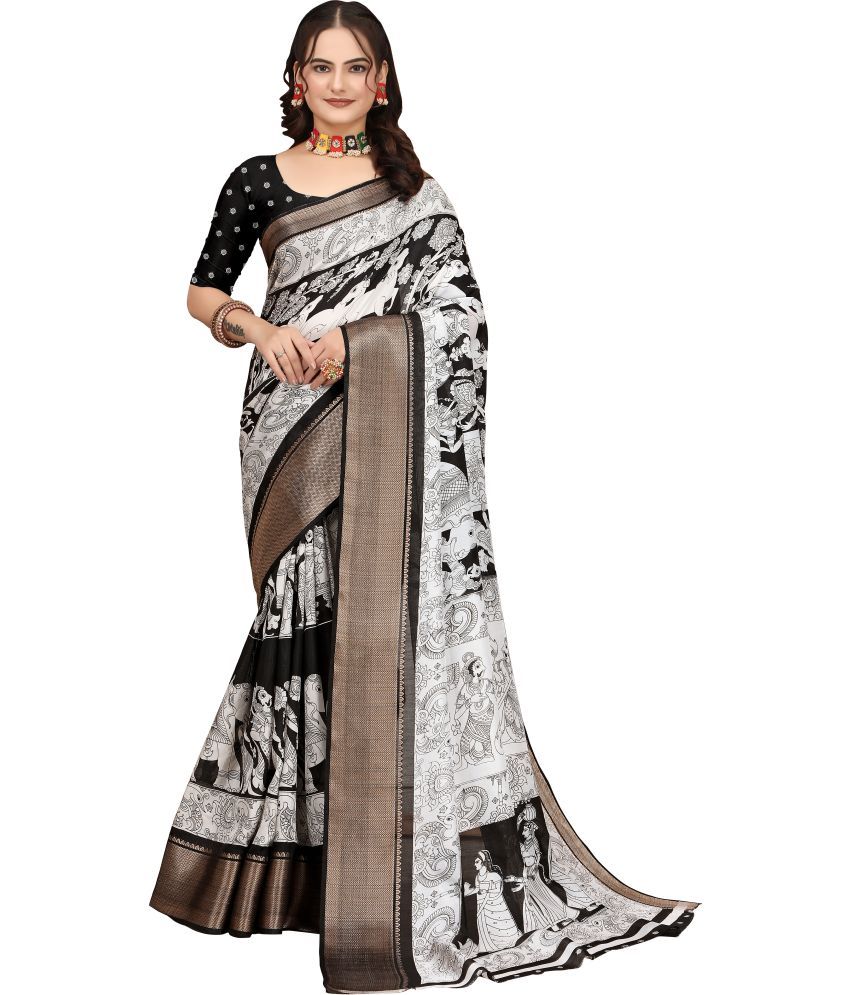     			Magneitta Art Silk Printed Saree With Blouse Piece ( Black , Pack of 1 )