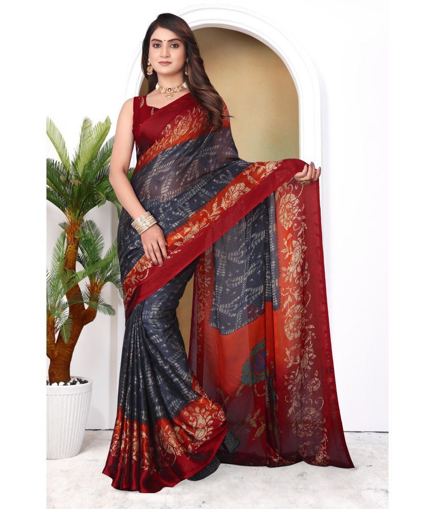     			Magneitta Chiffon Printed Saree With Blouse Piece ( Grey , Pack of 1 )