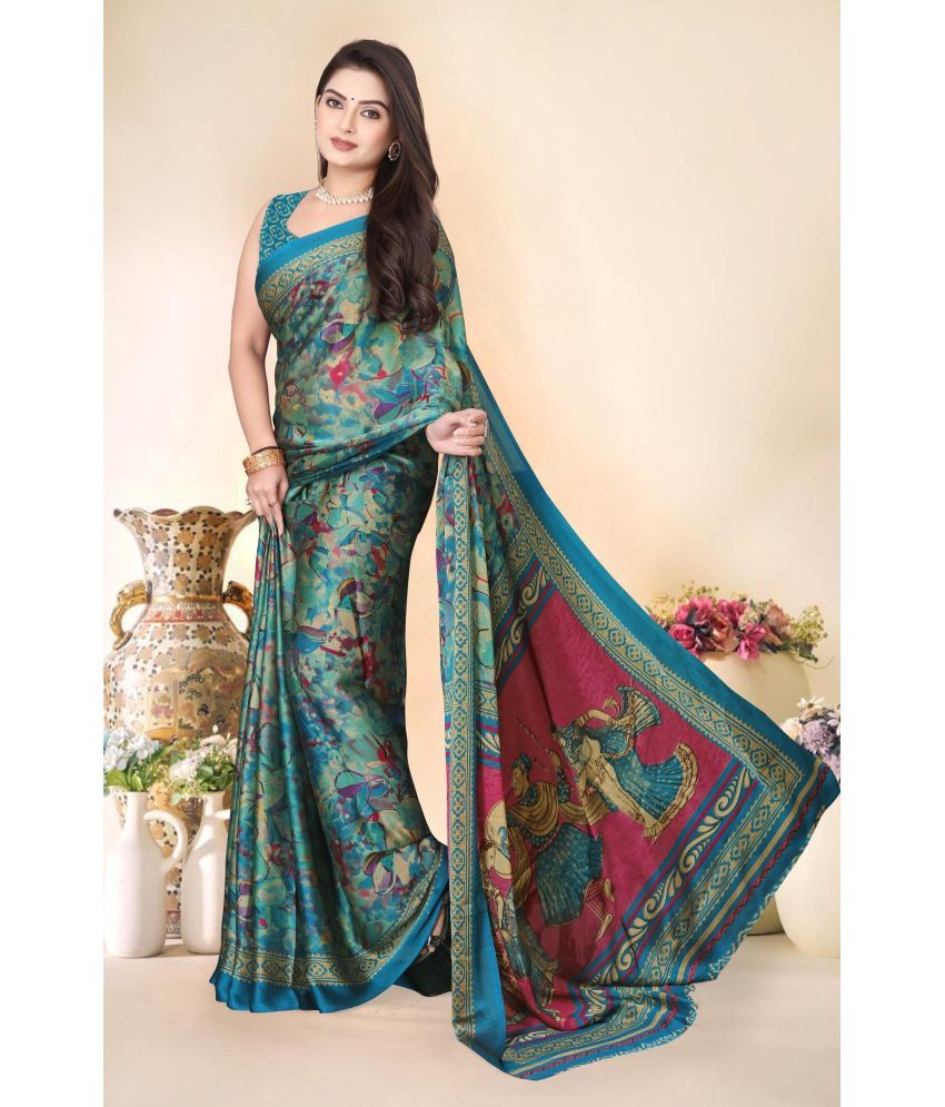     			Magneitta Chiffon Printed Saree With Blouse Piece ( Blue , Pack of 1 )