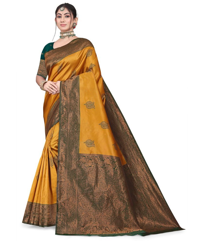     			Magneitta Cotton Silk Woven Saree With Blouse Piece ( Yellow , Pack of 1 )