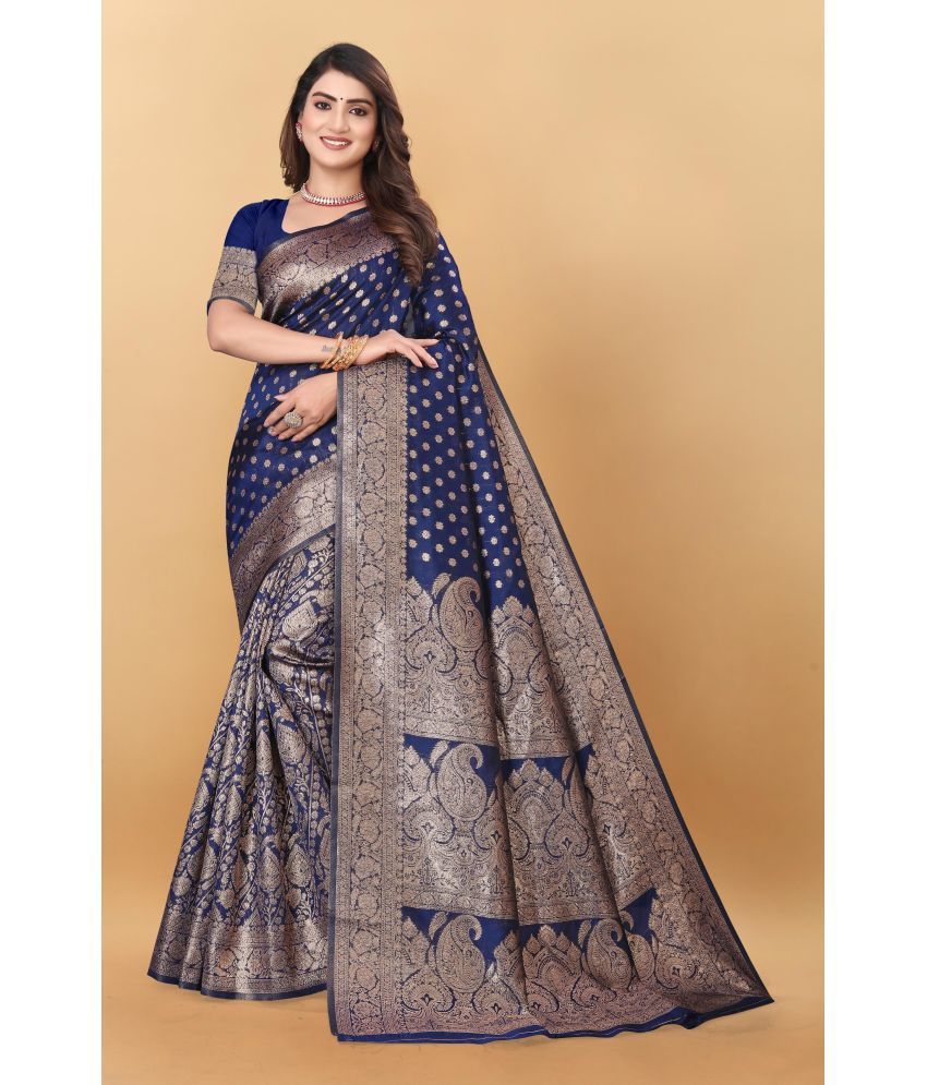     			Magneitta Silk Woven Saree With Blouse Piece ( Blue , Pack of 1 )