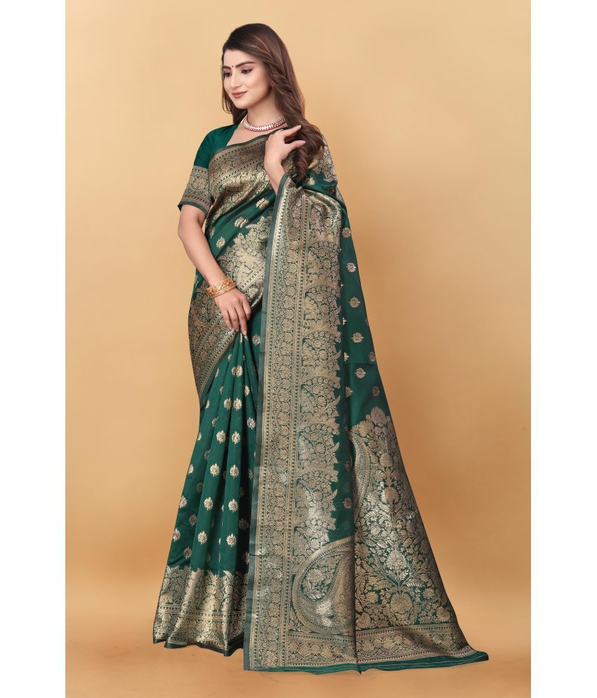     			Magneitta Silk Woven Saree With Blouse Piece ( Green , Pack of 1 )