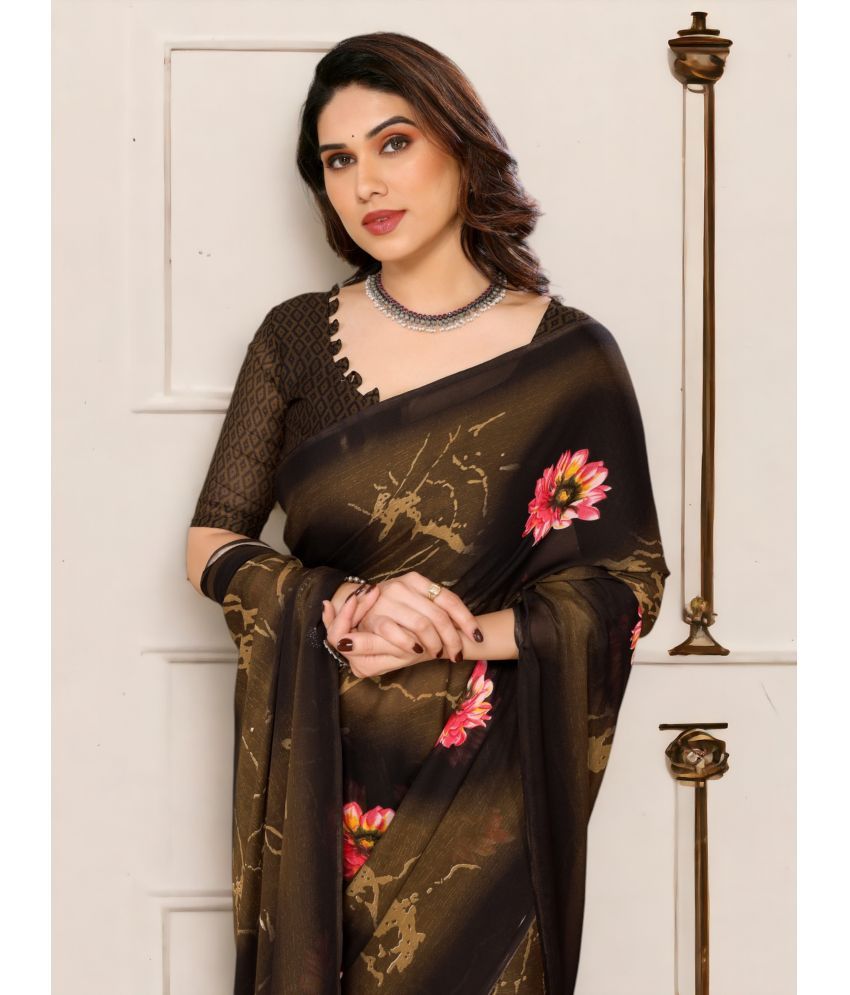     			TTH Georgette Printed Saree With Blouse Piece ( Brown , Pack of 1 )