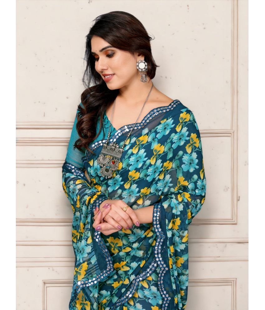     			TTH Georgette Printed Saree With Blouse Piece ( Blue , Pack of 1 )