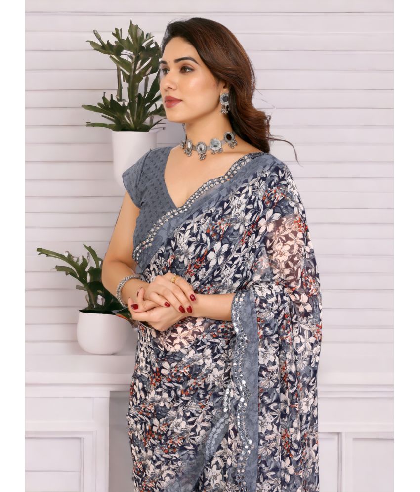     			TTH Georgette Printed Saree With Blouse Piece ( Grey , Pack of 1 )