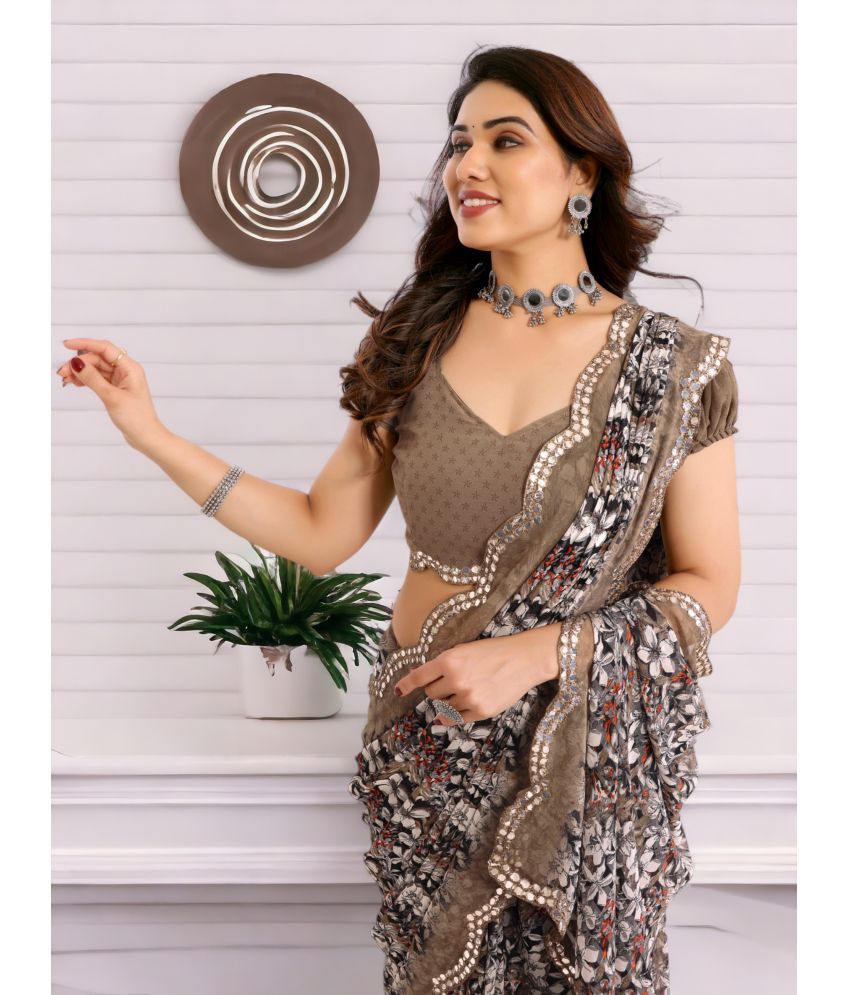     			TTH Georgette Printed Saree With Blouse Piece ( Brown , Pack of 1 )