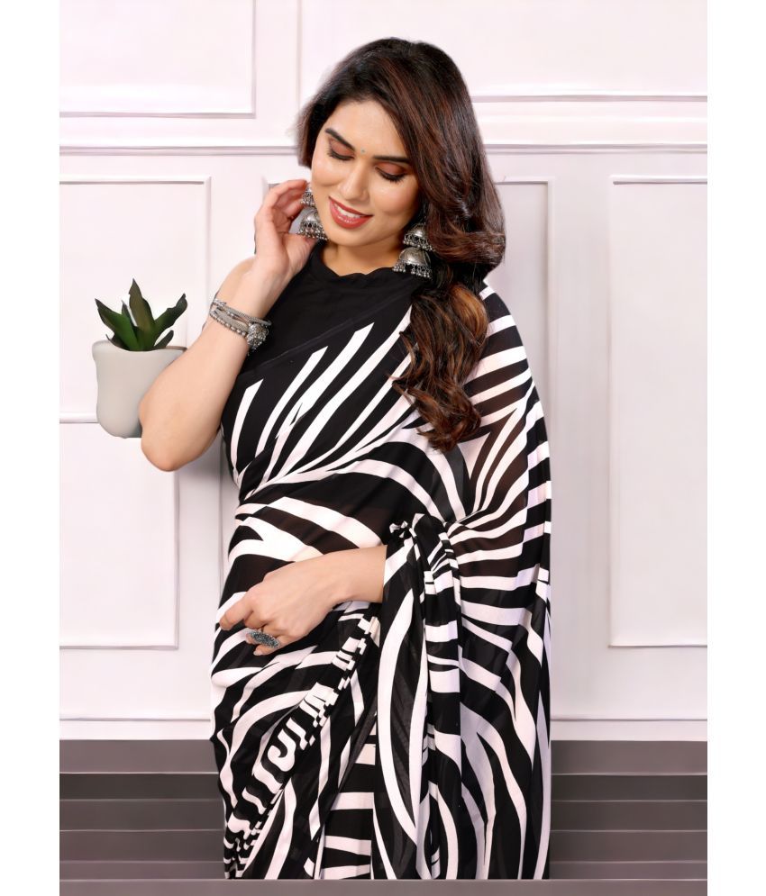     			TTH Georgette Striped Saree With Blouse Piece ( Black , Pack of 1 )