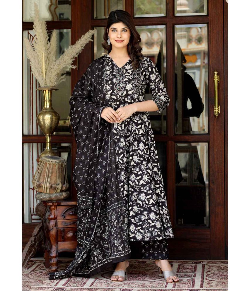     			miravan Cotton Printed Kurti With Palazzo Women's Stitched Salwar Suit - Black ( Pack of 1 )