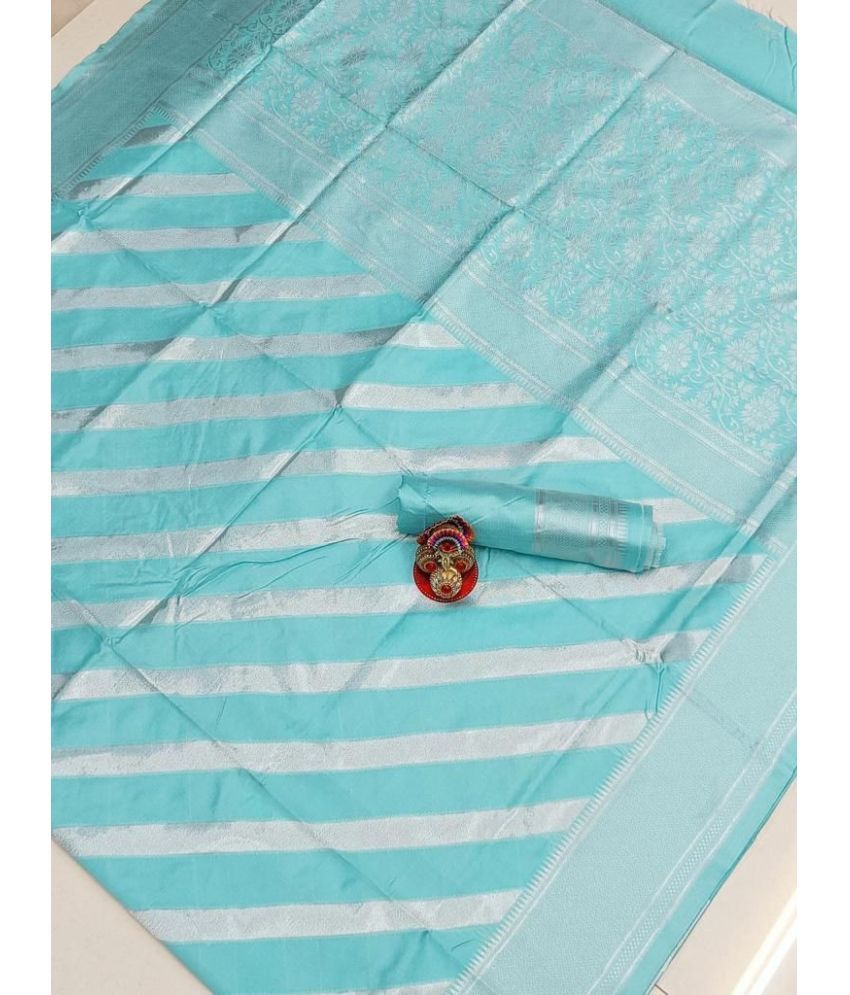     			A TO Z CART Silk Blend Striped Saree With Blouse Piece ( SkyBlue , Pack of 1 )