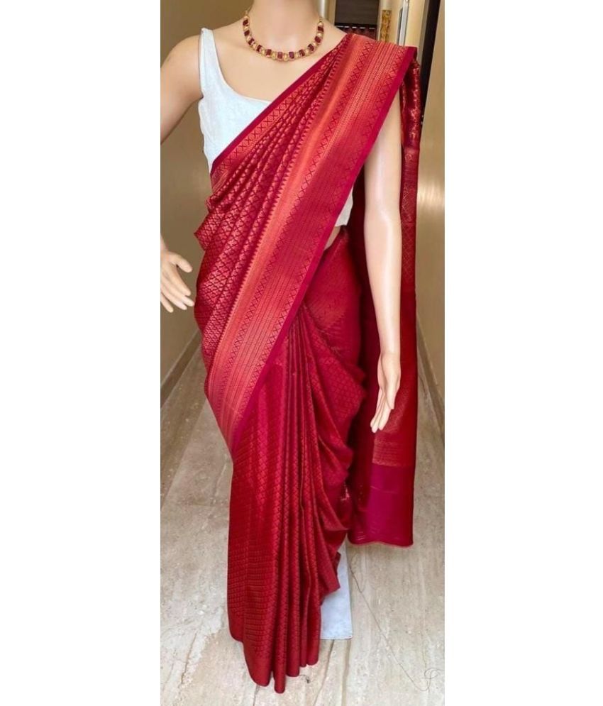     			A TO Z CART Silk Blend Embellished Saree With Blouse Piece ( Red , Pack of 1 )