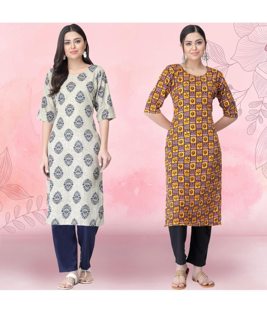     			Ethnicbasket Crepe Printed Kurti With Pants Women's Stitched Salwar Suit - Yellow ( Pack of 2 )