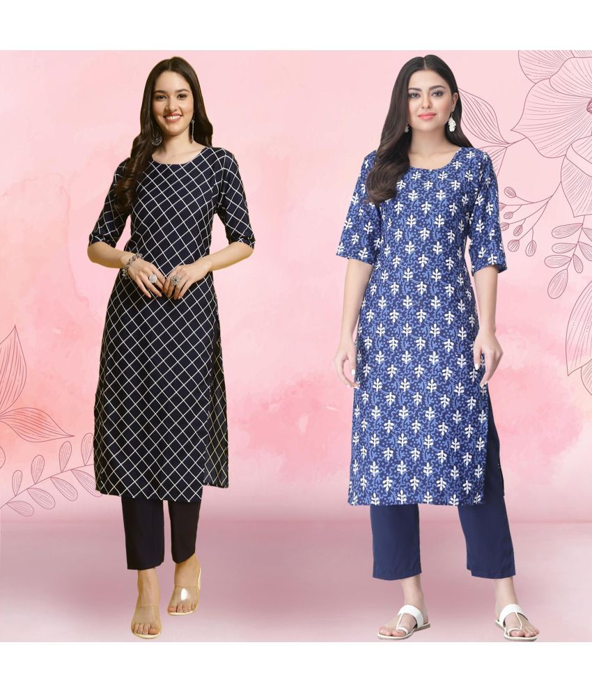     			Ethnicbasket Crepe Printed Kurti With Pants Women's Stitched Salwar Suit - Navy Blue ( Pack of 2 )