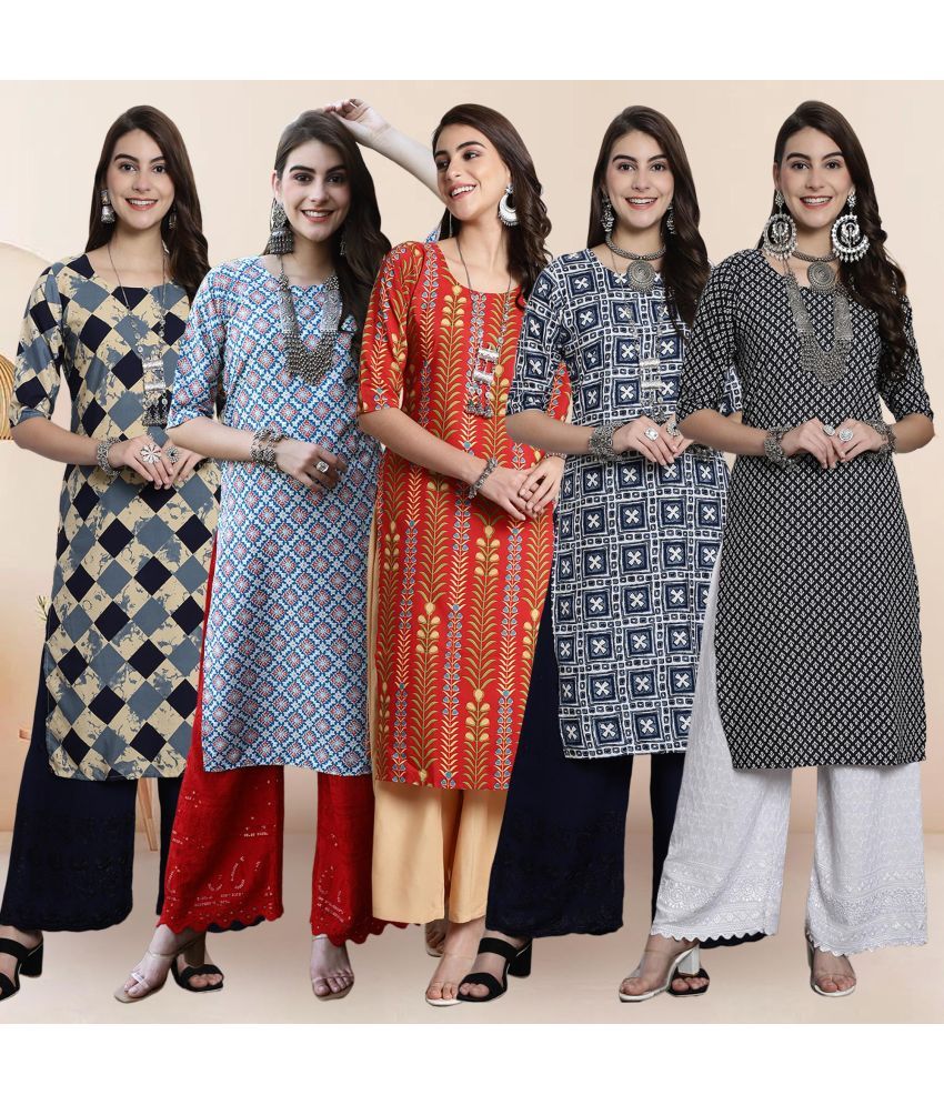     			Ethnicbasket Pack of 5 Crepe Printed Straight Women's Kurti - ( Multicolor3 )