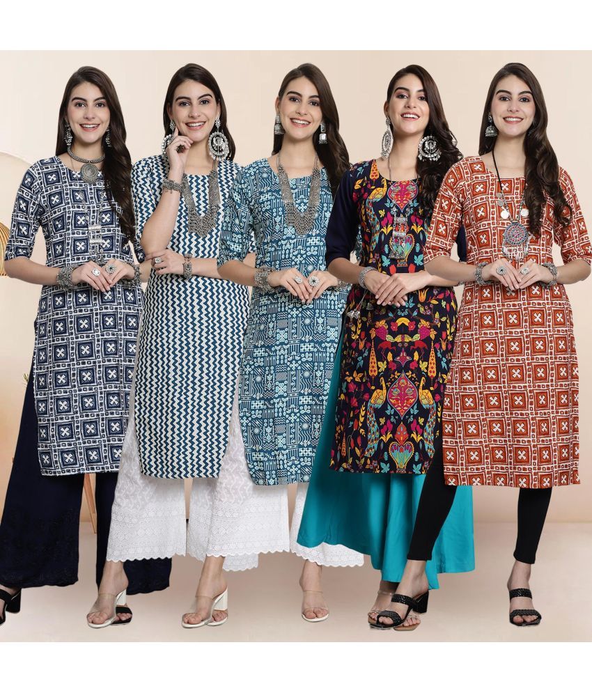     			Ethnicbasket Pack of 5 Crepe Printed Straight Women's Kurti - ( Multicolor4 )