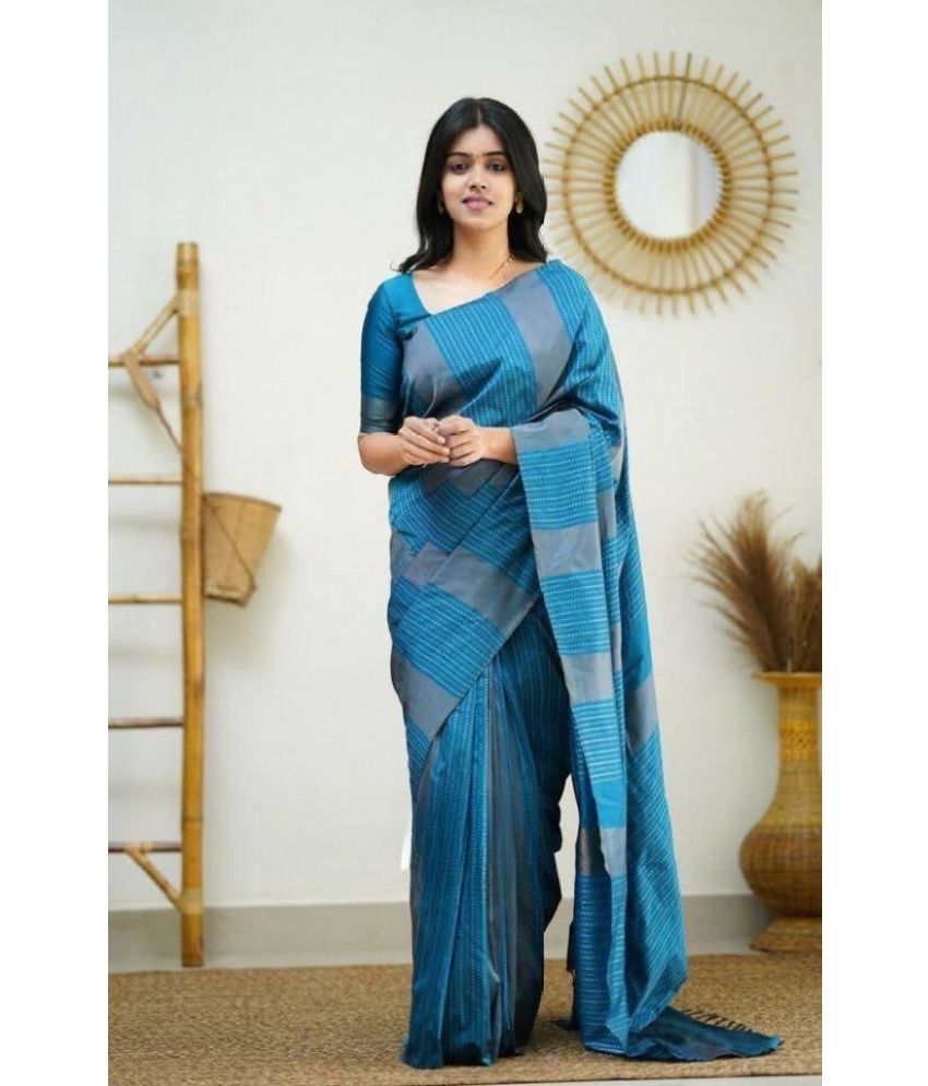     			Lady Shopi Silk Blend Embellished Saree With Blouse Piece ( SkyBlue , Pack of 1 )