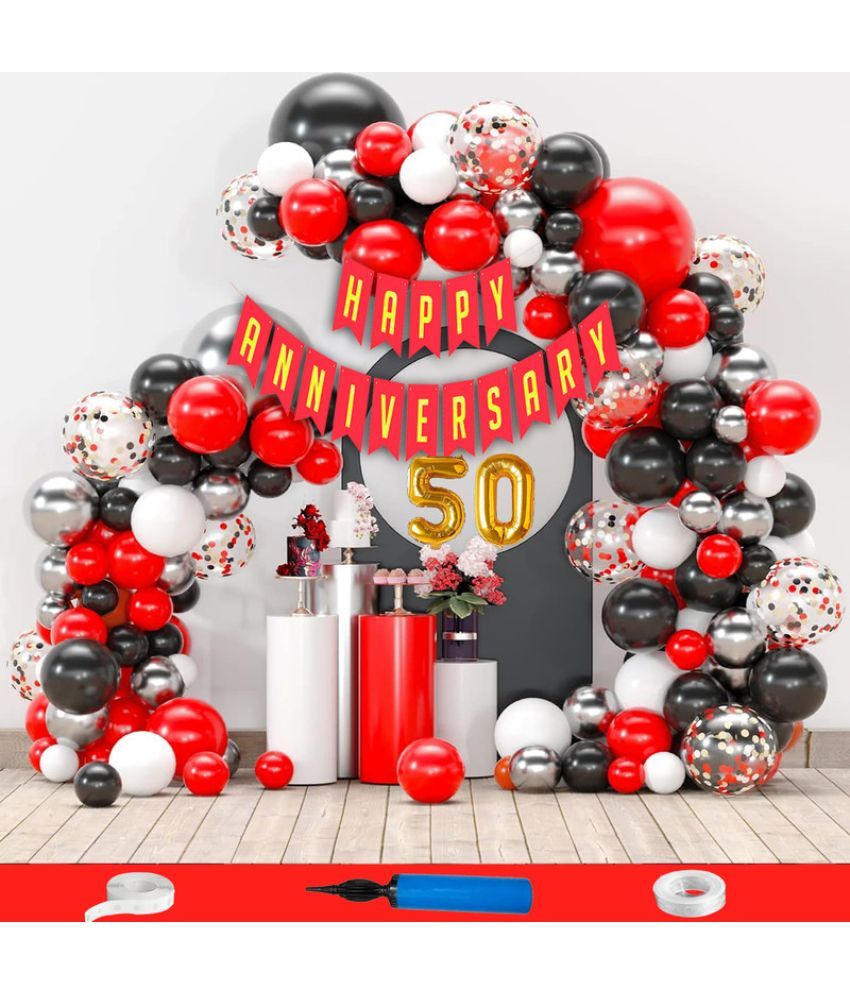     			CRAZYKART 50th Happy Anniversary Decoration Items Kit Combo For Wedding Party Decoration Pack Of 111 Pcs Red Black White Silver