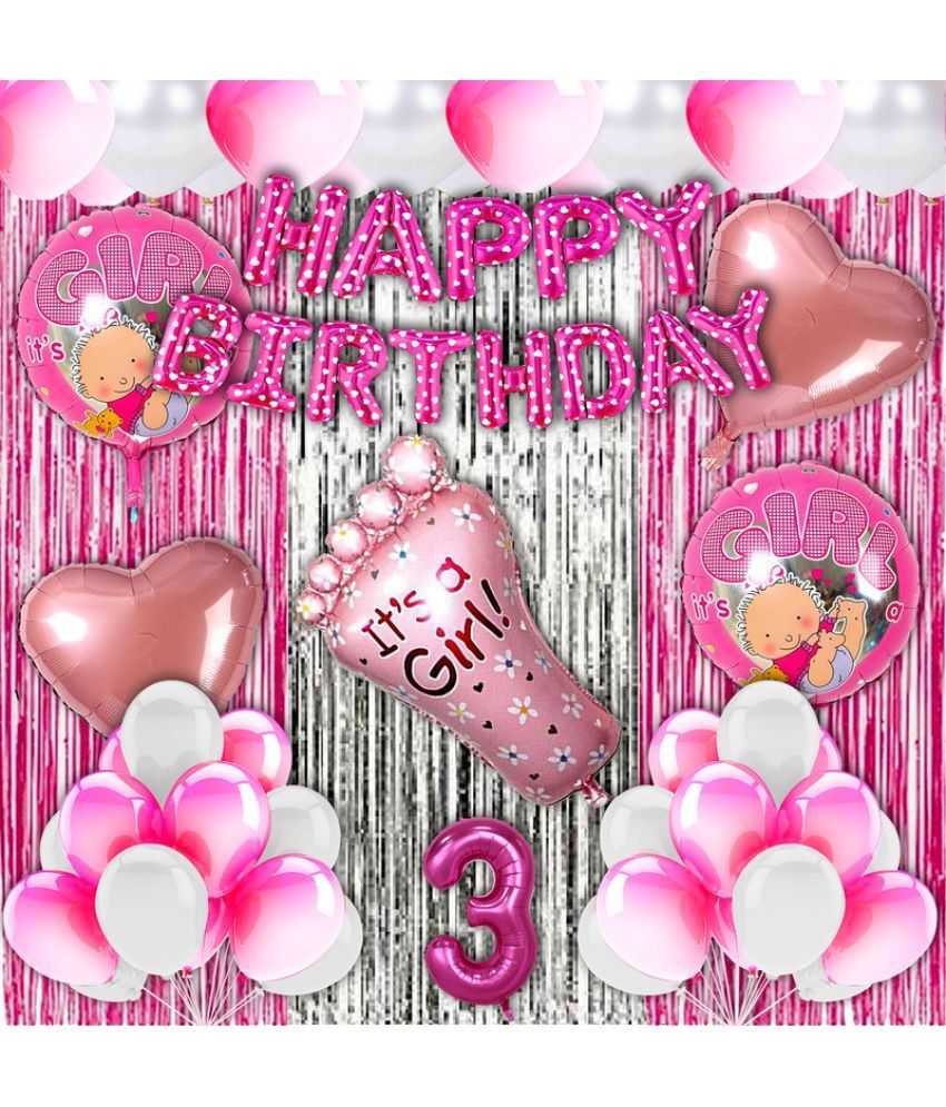     			CRAZYKART Baby Foot Theme Third 3rd Birthday Decoration Items For Girls Party Decoration Kit Balloon Combo Pack Of 40 Pcs Pink