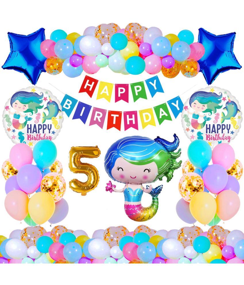     			CRAZYKART Baby Mermaid Theme Fifth 5th Birthday Decoration Items For Girls Party Decoration Kit Balloon Combo Pack Of 37 Pcs Blue