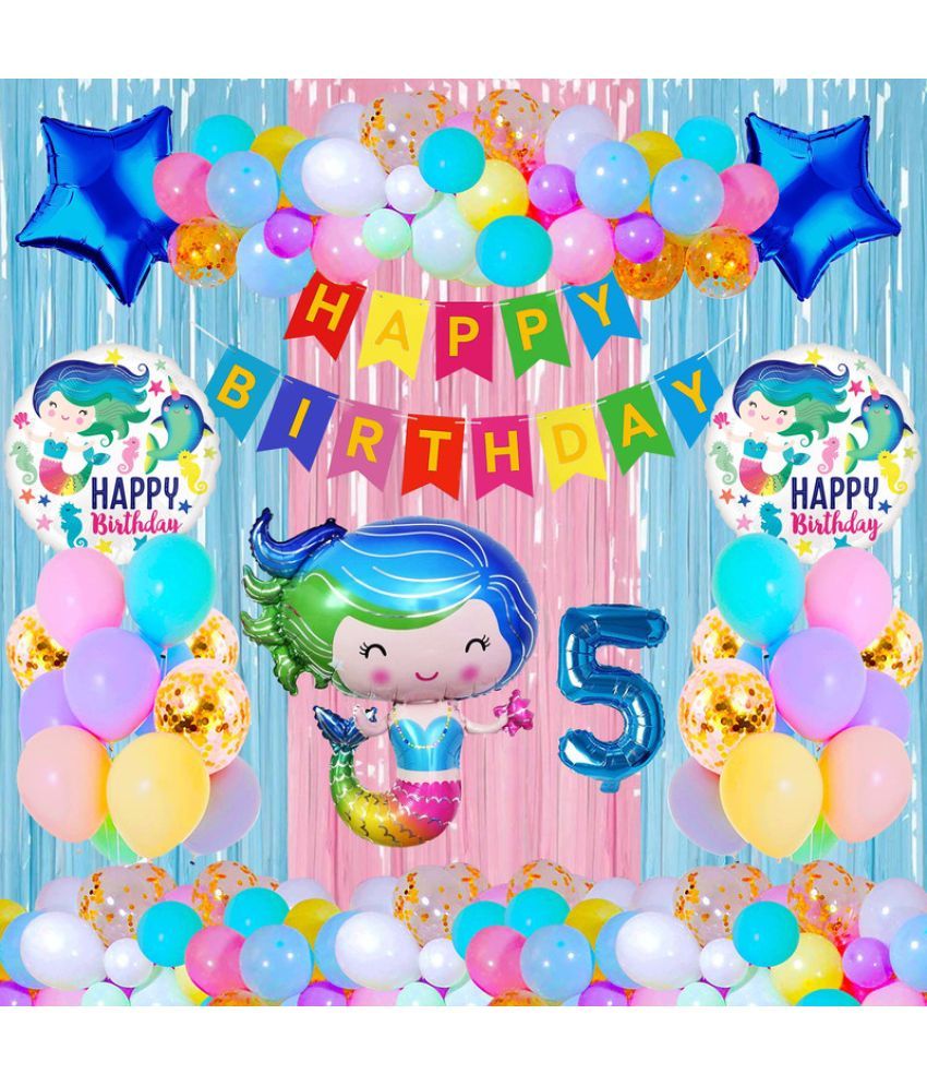     			CRAZYKART Baby Mermaid Theme Fifth 5th Birthday Decoration Items For Girls Party Decoration Kit Balloon Combo Pack Of 40 Pcs Blue