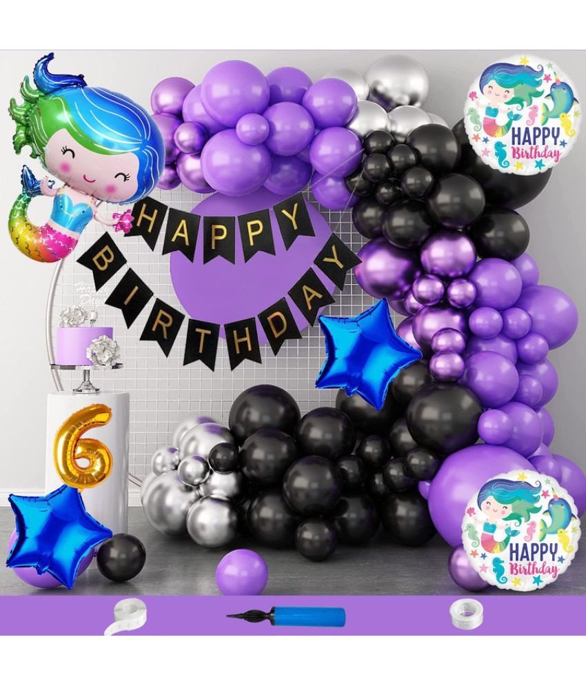     			CRAZYKART Baby Mermaid Theme Sixth 6th Birthday Decoration Items For Girls Party Decoration Kit Balloon Combo Pack Of 110 Pcs Purple