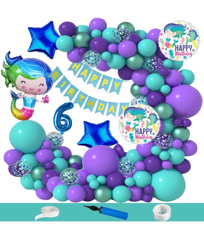     			CRAZYKART Baby Mermaid Theme Sixth 6th Birthday Decoration Items For Girls Party Decoration Kit Balloon Combo Pack Of 110 Pcs Blue