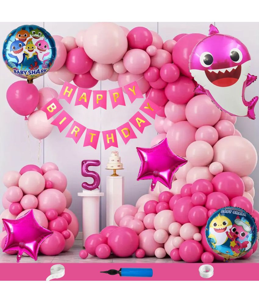     			CRAZYKART Baby Shark Theme Fifth 5th Birthday Decoration Items For Girls Party Decoration Kit Balloon Combo Pack Of 110 Pcs Pink