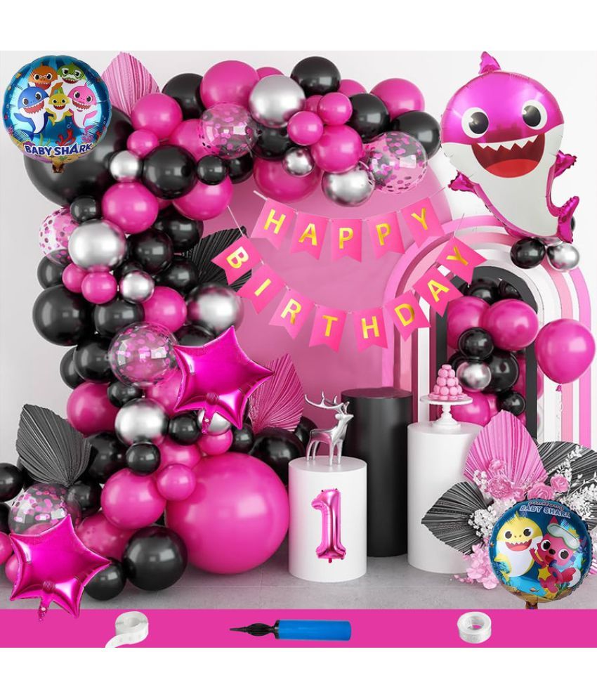     			CRAZYKART Baby Shark Theme First 1st Birthday Decoration Items For Girls Party Decoration Kit Balloon Combo Pack Of 90 Pcs Pink