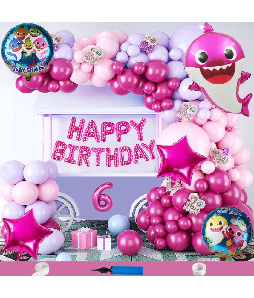     			CRAZYKART Baby Shark Theme Sixth 6th Birthday Decoration Items For Girls Party Decoration Kit Balloon Combo Pack Of 85 Pcs Pink