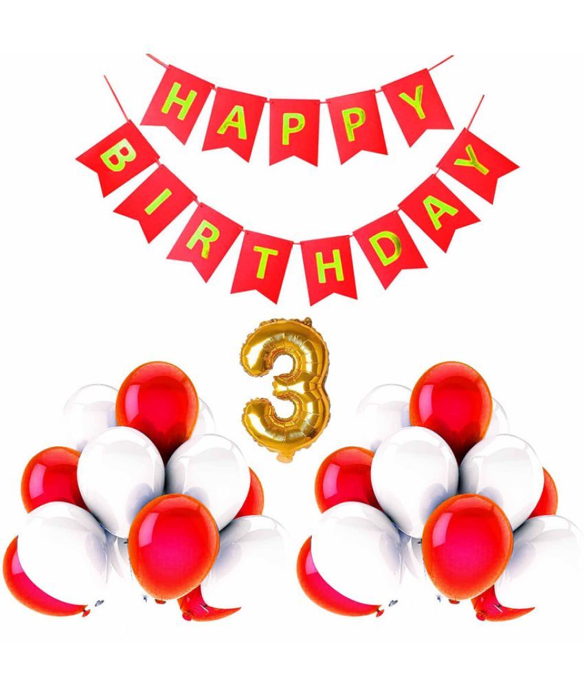     			CRAZYKART Balloon & Banner Theme Third 3rd Birthday Decoration Items For Girls Party Decoration Kit Balloon Combo Pack Of 32 Pcs Red